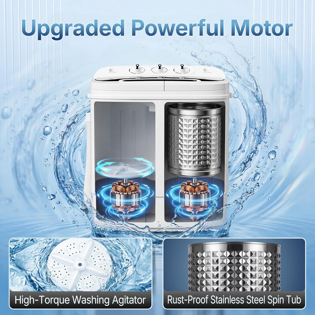 Compact Mini Twin Tub Washing Machine 13lbs Capacity Portable Washer Wash and Spin Cycle Combo, Built-in Gravity Drain