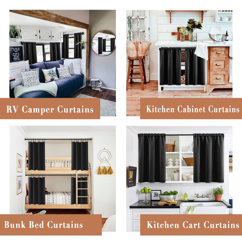 Bathroom Curtains Window Short, Small Waterproof Blackout Cafe Curtain 36 Inch Length, Set of 2, Black