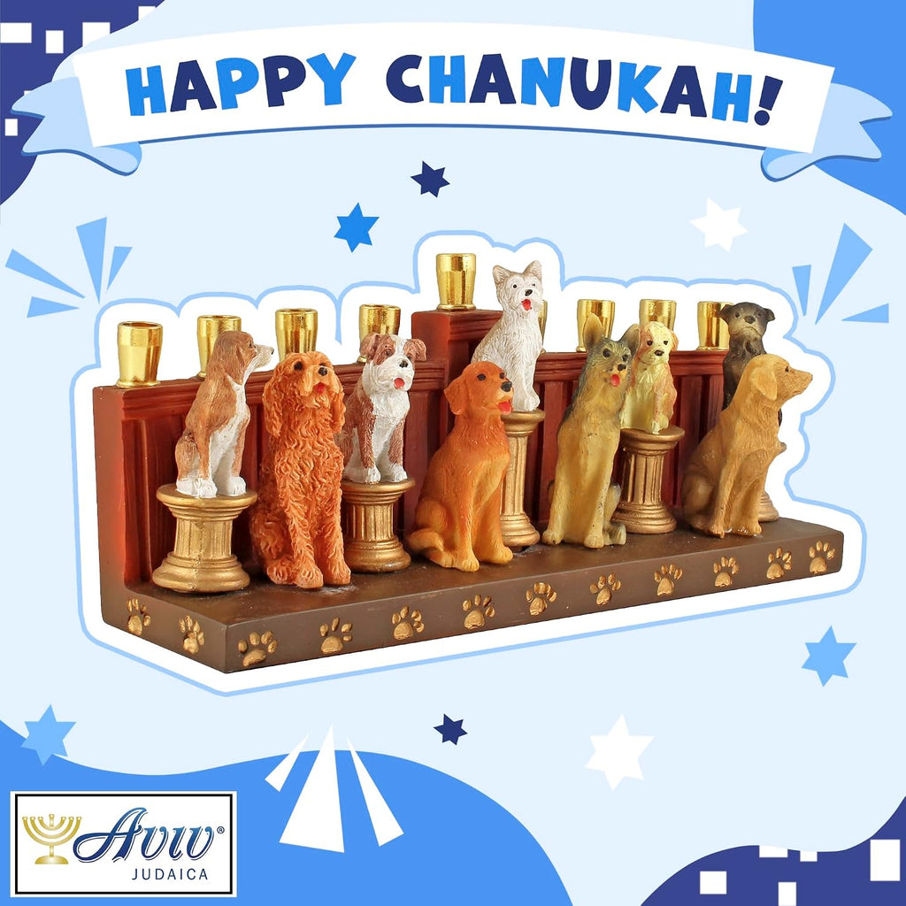 Hanukka Dogs & Puppies Themed Quality Earthenware Candle Holder Menorahs for Kids Adults Functional Collectible 3D