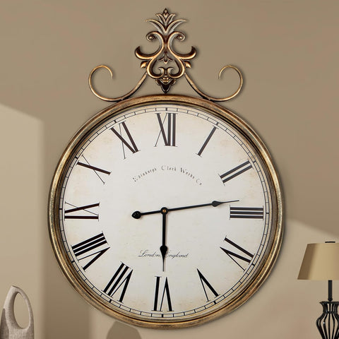 Vintage Wall Clock - Gold Metal Clock, 21in Decorative Antique Farmhouse Wall Clock