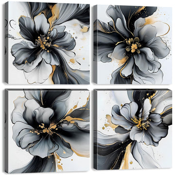 Black and White Abstract Wall Art Framed Marble Flowers Pictures Bathroom Wall Decor Gold Foil Fluid Lines Posters