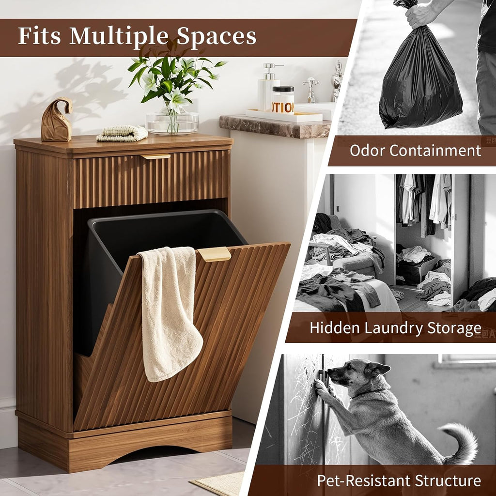 Pet Feeding Station, Dog Food Storage Cabinet with 2 Hidden Bowls, Walnut