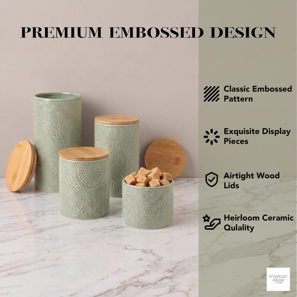 Ceramic Kitchen Canister Set Embossed, Wood Lids Sage, 4PC