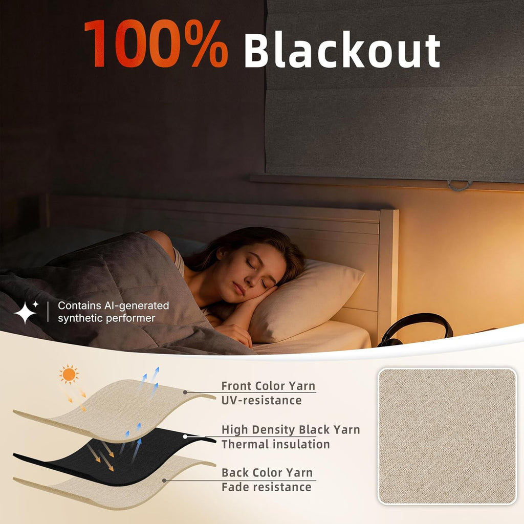No Drill Cordless Roman Shades for Windows, Brown, 36" W x 48" H | 100% Blackout UV Protection, Linen-Like Polyester