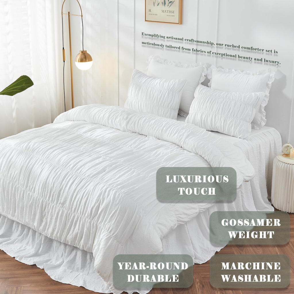 King Size Comforter Set - Ruched White Comforter King Bed Set Boho Bedding - Fluffy 3 Piece Ruffle Comforter Set with