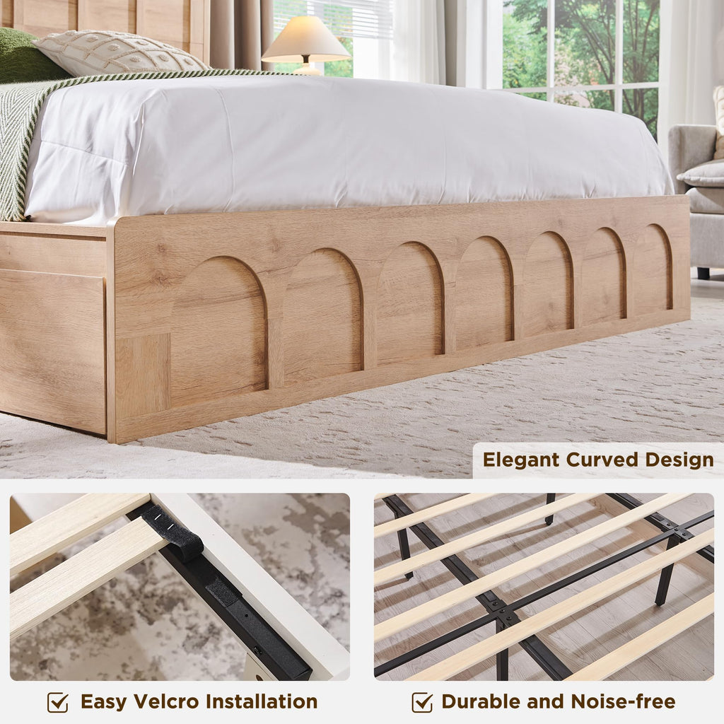 Arched King Size Bed Frame Modern with 4 Drawers, Natural Oak