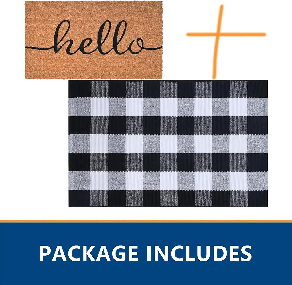 Front Door Mat Combo Set, Hello 100% Coco Coir Welcome Doormat + 28" x 43" Layered Buffalo Black and White Plaid Rug