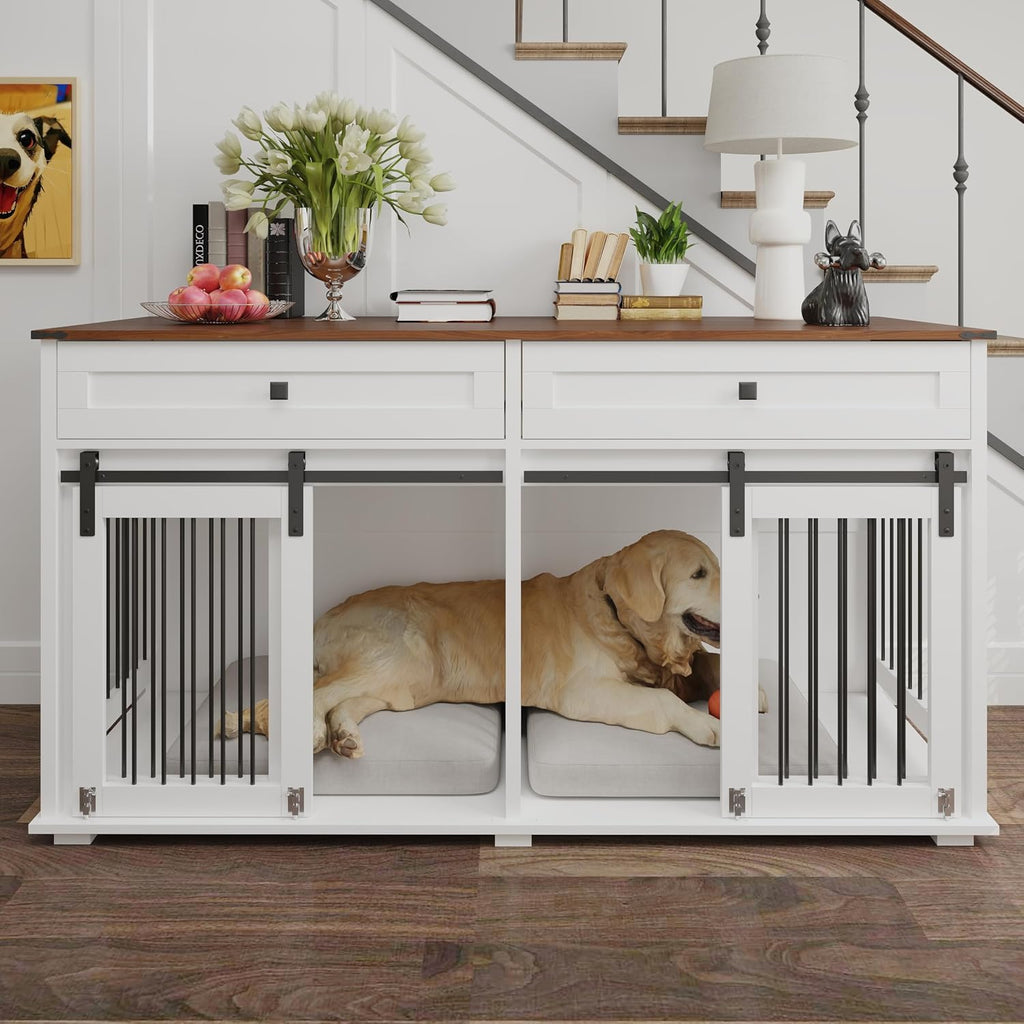Large Dog Crate Furniture with Divider, 2 Drawers & Sliding Doors