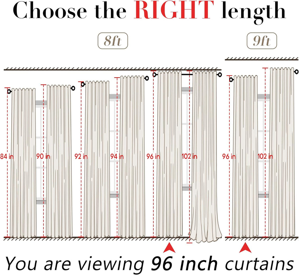 Linen Curtains 96 Inch Long 2 Panel Set, Cream Sheer Pleated Curtain, Modern Farmhouse Curtains for Dining Room