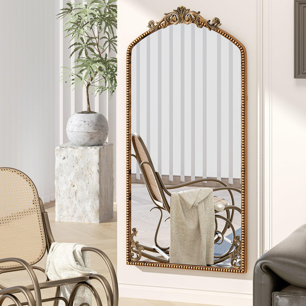 Gold Arched Full Length Mirror 71"×32", Large Traditional Vintage Baroque Inspired Floor Mirror, Ornate Antiqued
