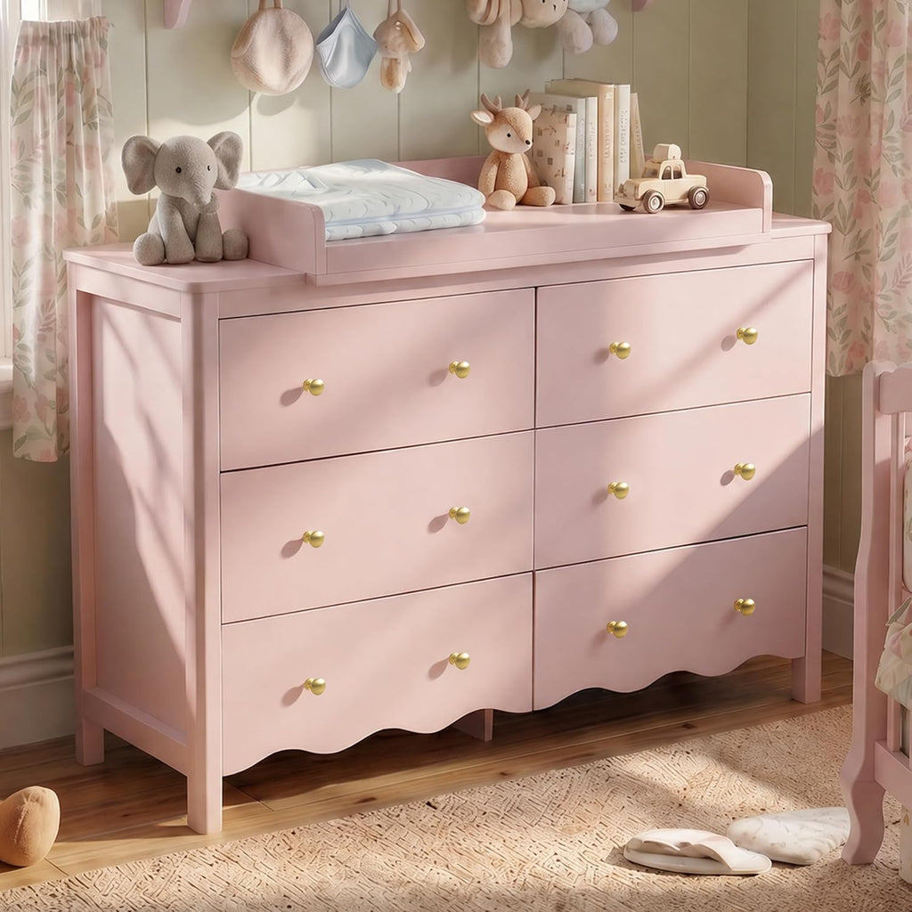 Baby Changing Table (Pink) | Wooden Dresser Kids Dresser with 6 Drawer Dresser Baby Dresser Organizer Diaper Station