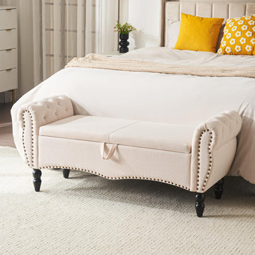 Storage Ottoman Bench, Upholstered End of Bed Bench with Solid Wood Legs Modern Shoe Storage Bench Indoor Bench