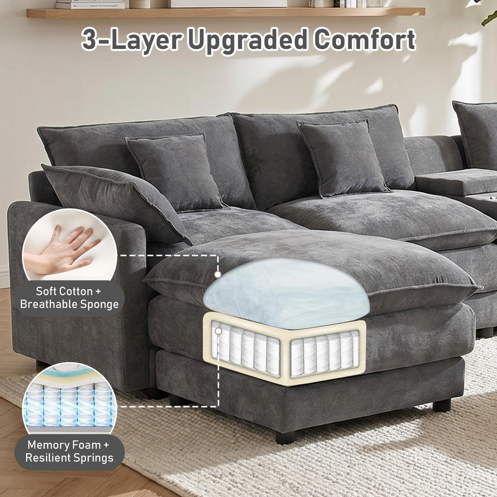 145" Oversized U-Shaped Cloud Sectional Sofa, Grey