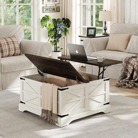 Farmhouse Lift Top Coffee Table, Square Wood Center Table with Large Hidden Storage Compartment