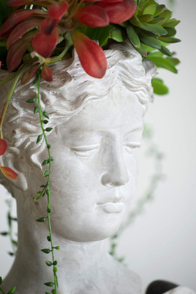 Gray Young Girl Bust Planter Indoor Outdoor Décor Cement Pot Beautiful Woman Face Greek Sculpture Flower Hair 7" x