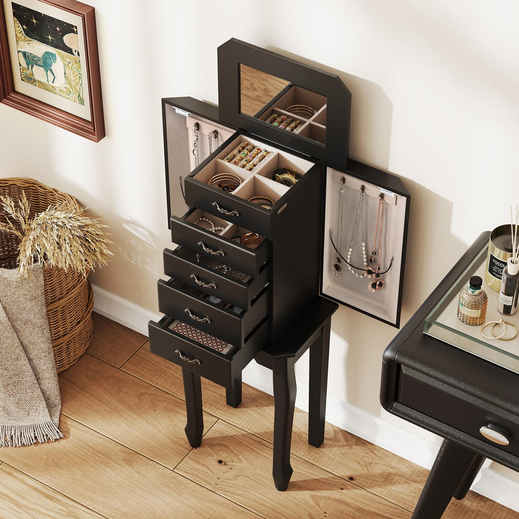 Standing Jewelry Armoire, Space-Saving Jewelry Organizer Chest (Black)
