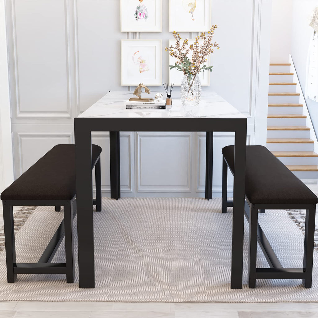 Dining Room Table Set with 2 Benches, Dining Table Set for 4-6, Dinner Table Set for 4, Faux Marble Breakfast Table