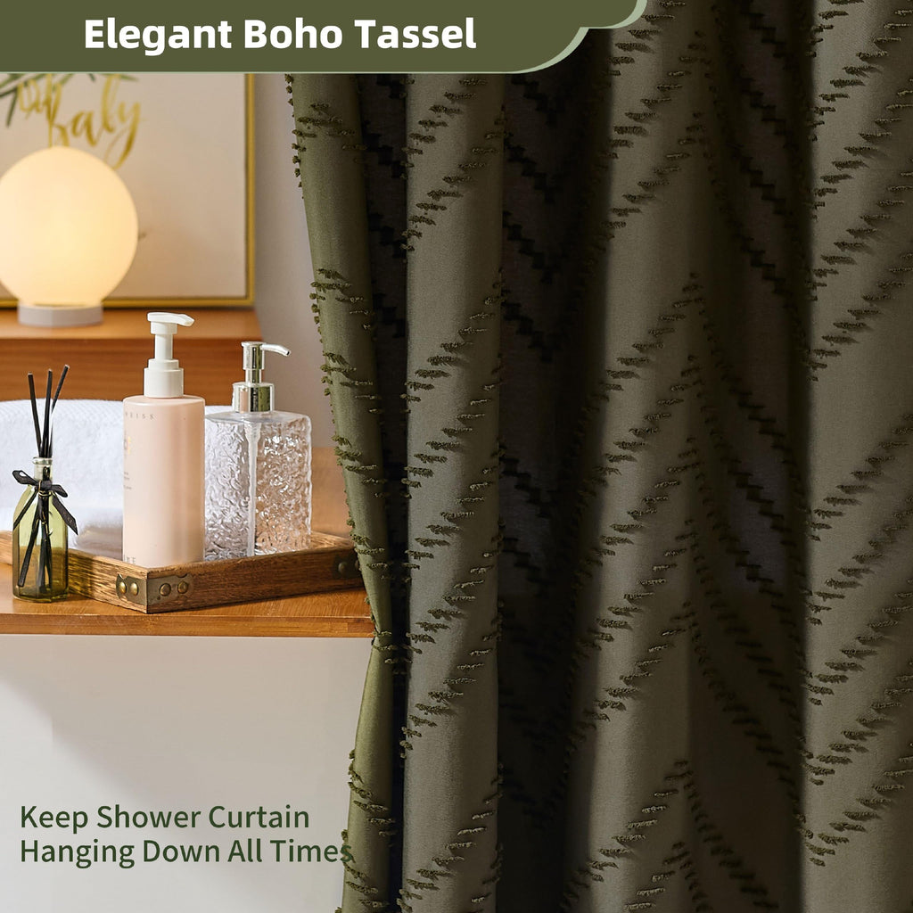 Extra Long Olive Green Boho Shower Curtain with Tassel, Woven Fabric 90 in Shower Curtain, Tufted Chevron Striped, 72