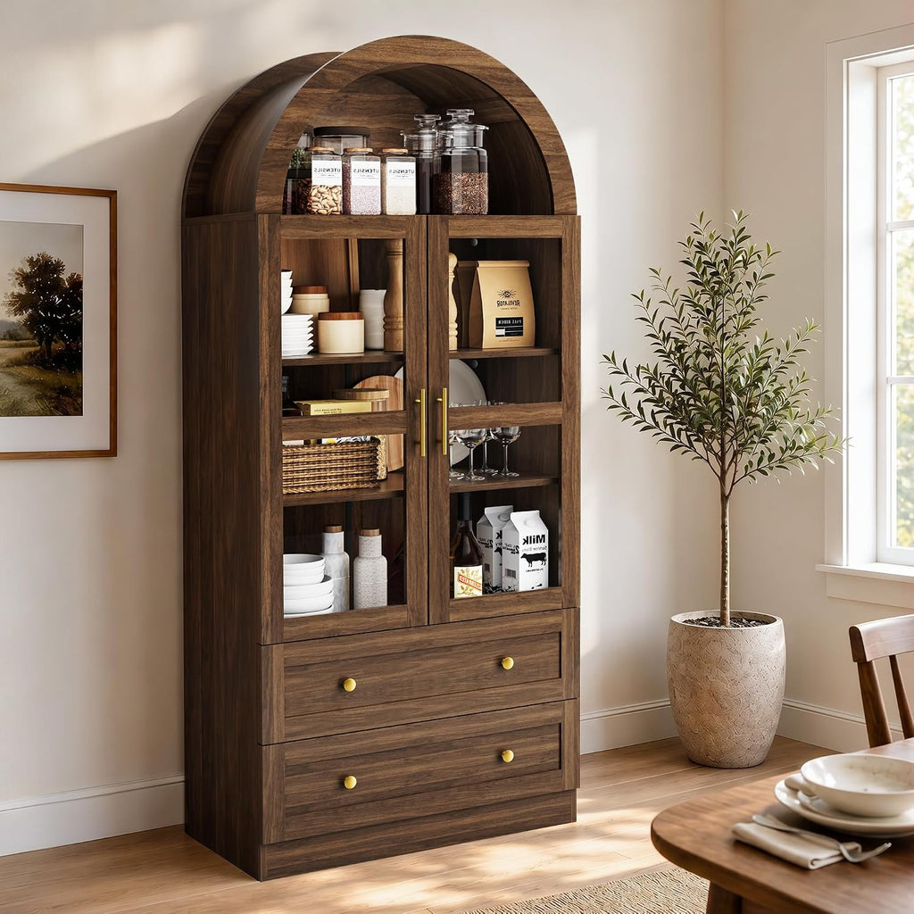 Arched Kitchen Pantry Cabinet, 71" Tall Arched Cabinet with Acrylic Doors, Farmhouse Kitchen Storage Cabinet with 2