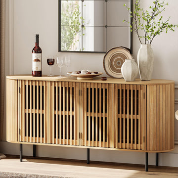 Large Sideboard Buffet Cabinet with Storage, 65" Mid Century Modern Credenza Storage Cabinet with 4 Fluted Doors