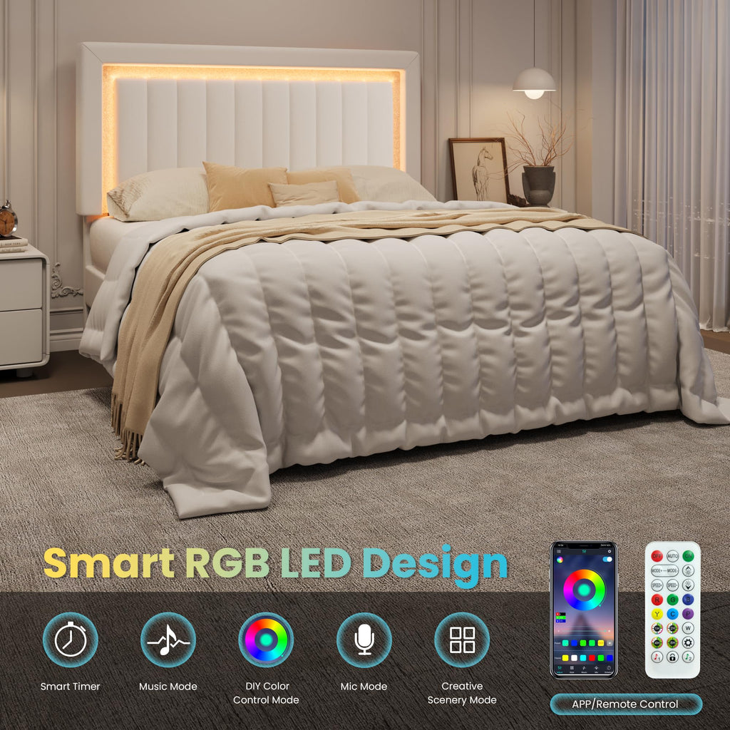 Full Size Velvet Bed Frame with LED Light, White