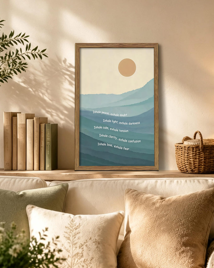 Framed Mindfulness Wall Art, Inhale Exhale Quote Canvas Print Poster, Minimalist Mountain Landscape Painting, Zen