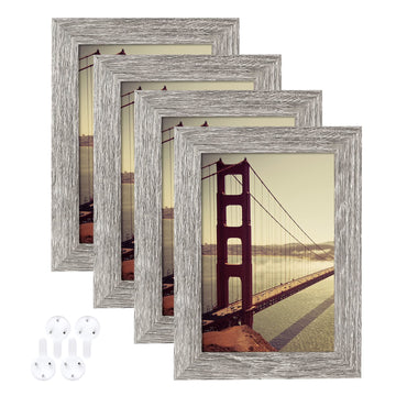 4x6 Picture Frame Rustic Grey Wood Pattern Set of 4, Display Photos 3.5x5 with Mat or 4x6 Without Mat, Horizontal and