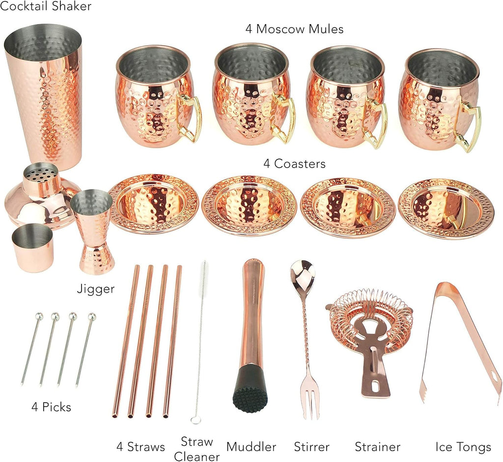 [Gift Set] PG Ultimate Moscow Mule SS Copper Plated Set | Cocktail Shaker, 4X Mugs, 4X Straws, 4X Cocktail - Set of 25