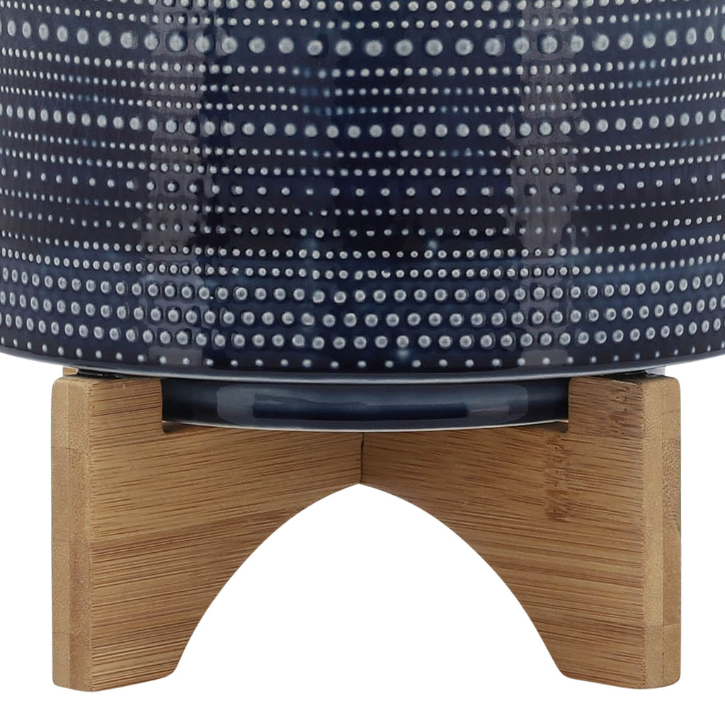 Dotted Decorative Planter Pot with Wood Stand - Ceramic Stoneware Outdoor & Indoor Plant Pot with Drainage Holes