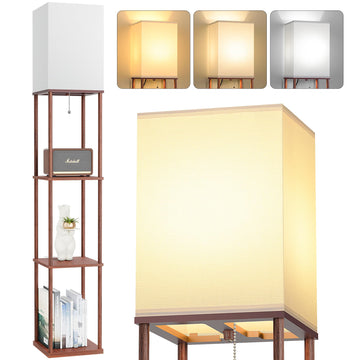 Floor Lamp with Shelves, 3-Tier Modern Square Bookshelf Standing Lamp Brown