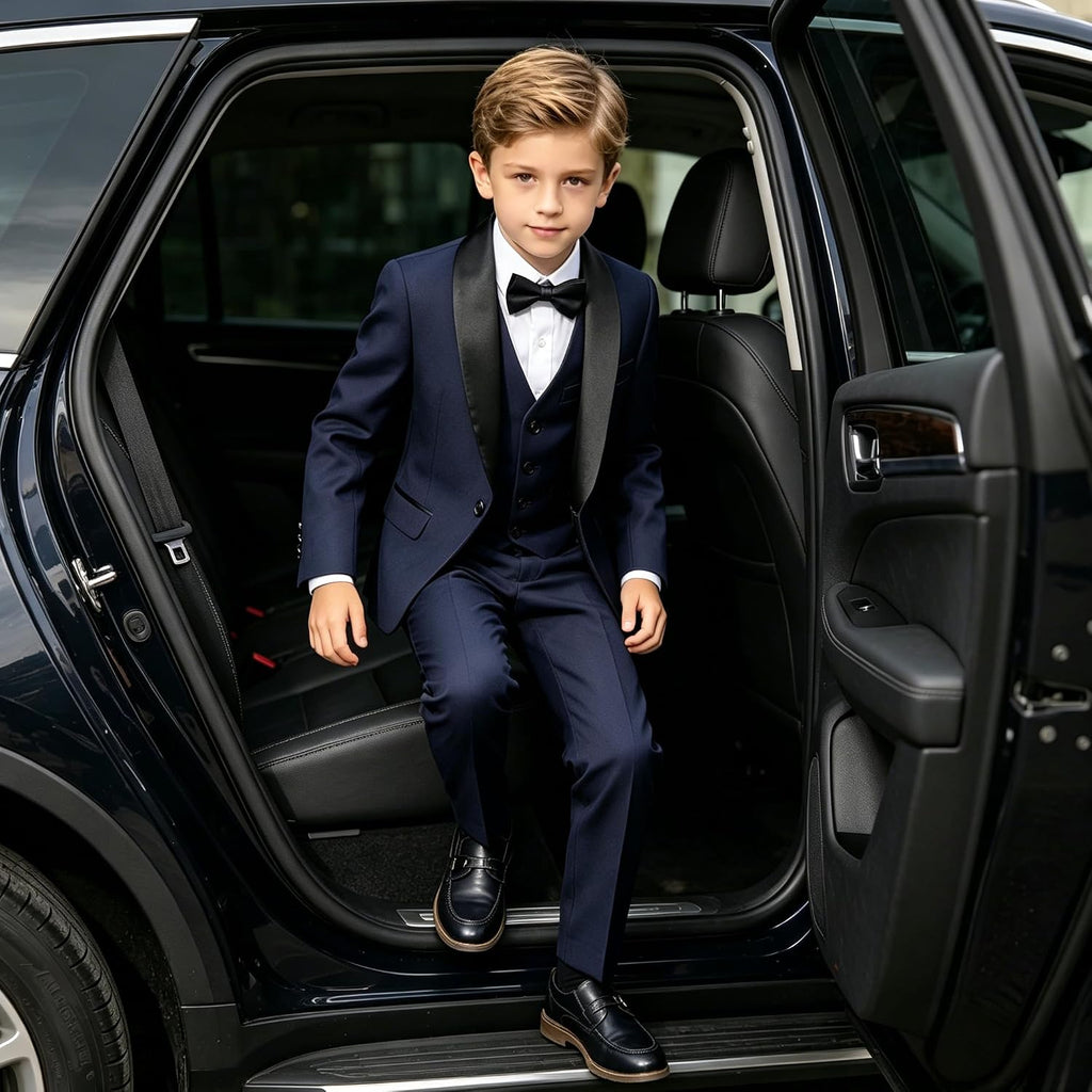 Boy Suits 3 Piece Slim Fit Formal Suit Set with Tuxedo Jacket Vest Pants for Kids Wedding Ring Bearer Party