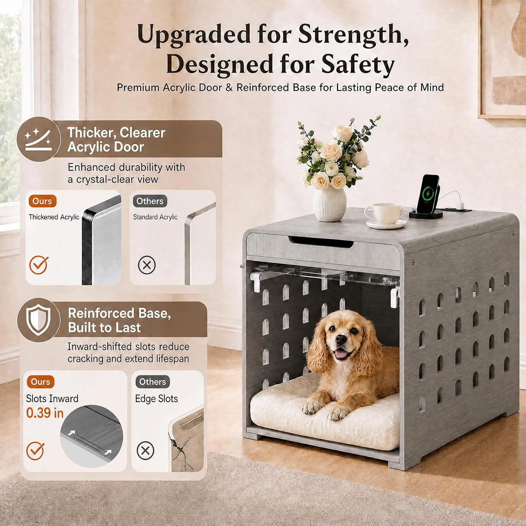 Modern Dog Crate Furniture Wooden Kennel Charging Station End Table Grey
