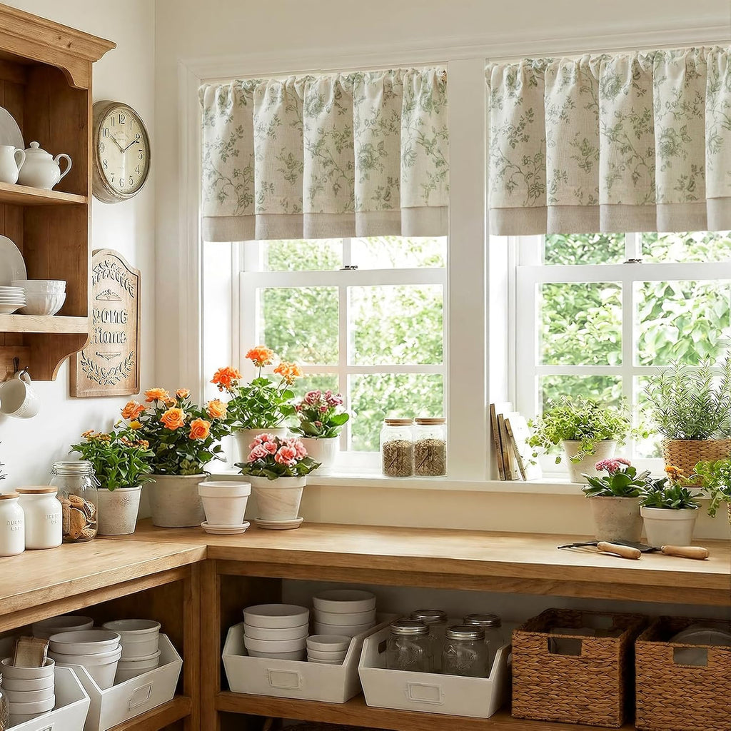 Amlie Floral Linen Valance Curtain Farmhouse Kitchen Valance for Living Room Laundry Light Filtering Double Layer