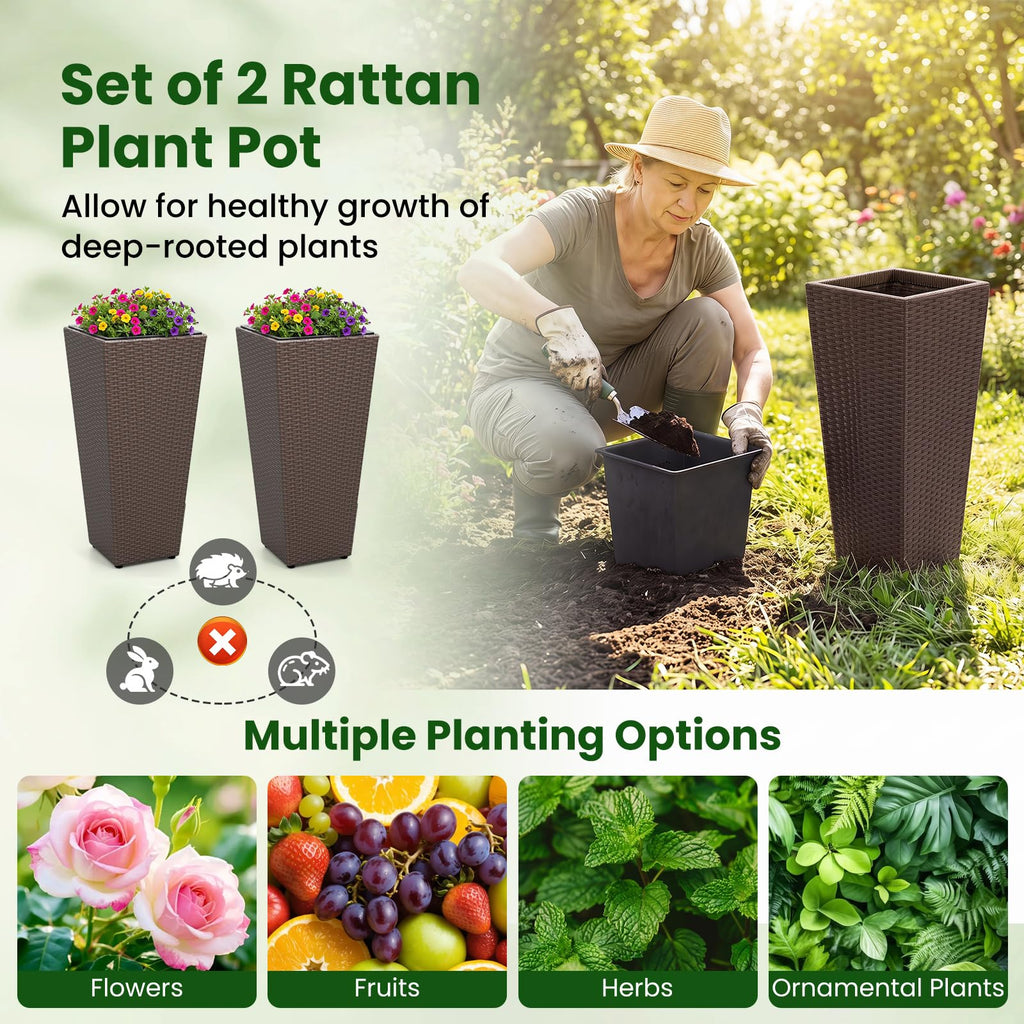 Tall Planters Set of 2, 24"H Tapered Rattan Planter, Brown