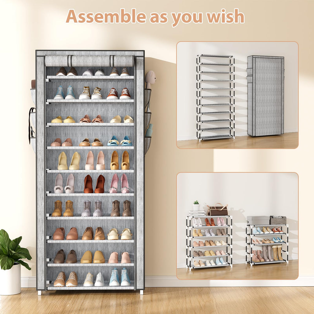 10 Tier Tall Shoe Rack with Cover Organizer Shoe Stand Light Gray