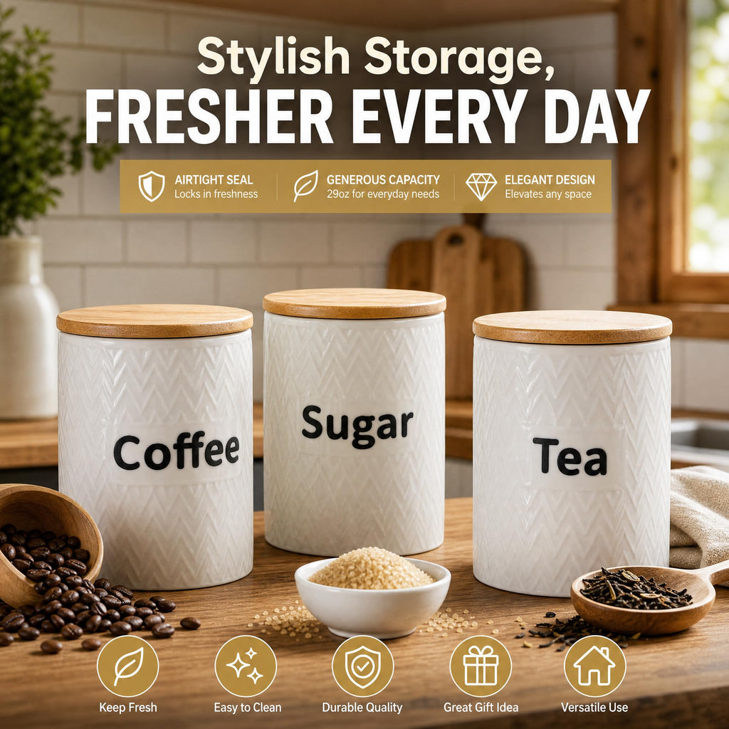 3 Pack Ceramic Kitchen Canister Set, 29oz Airtight Food Storage Jars with Bamboo Lids, Tea Coffee Sugar Container Set