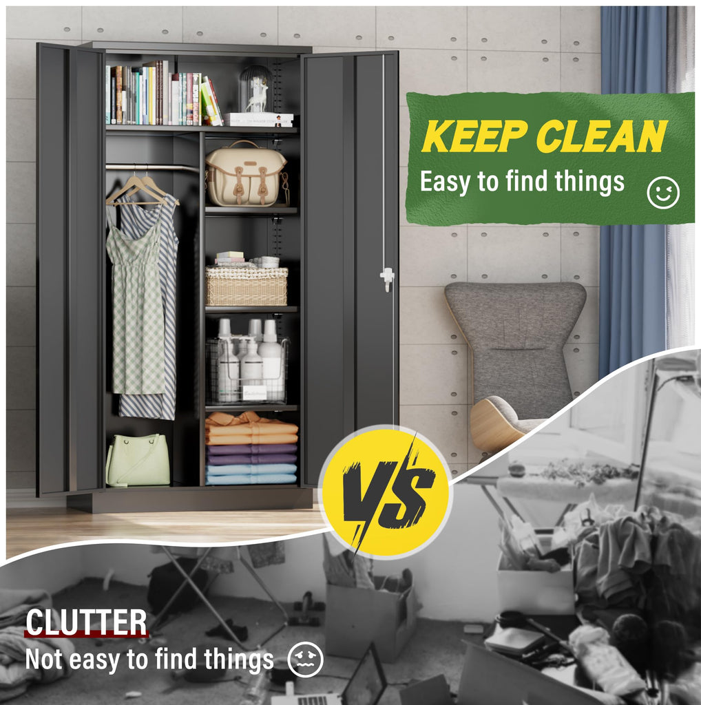 Metal Wardrobe Closet with Doors and Shelves, 72" Black Armoire Wardrobe Closet for Hanging Clothes, School