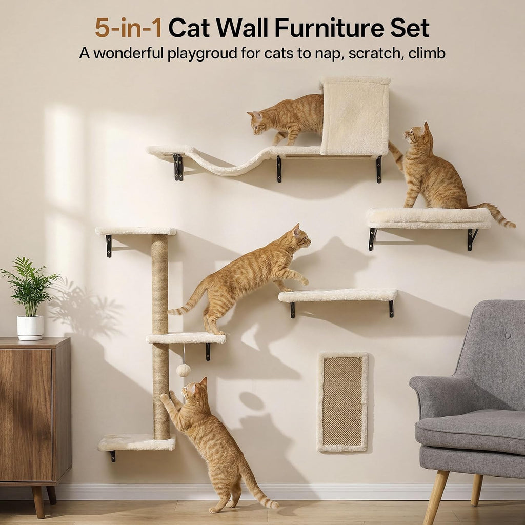 Cat Wall Shelves, 5-in-1 Cat Wall Furniture Set, Beige