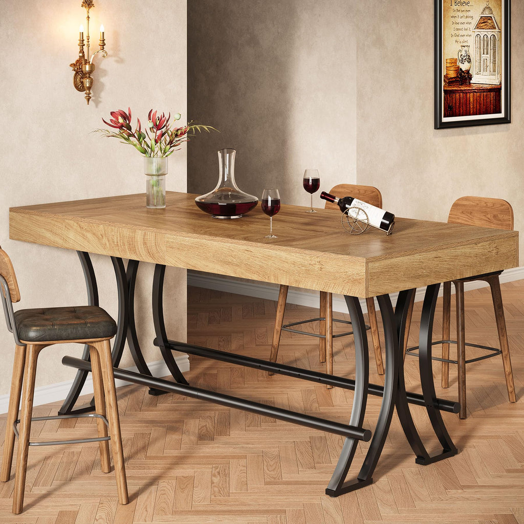 63" Counter Height Bar Table with Metal Footrest, Rectangular Tall Kitchen Dining Pub Table, Industrial Home Bar Unit