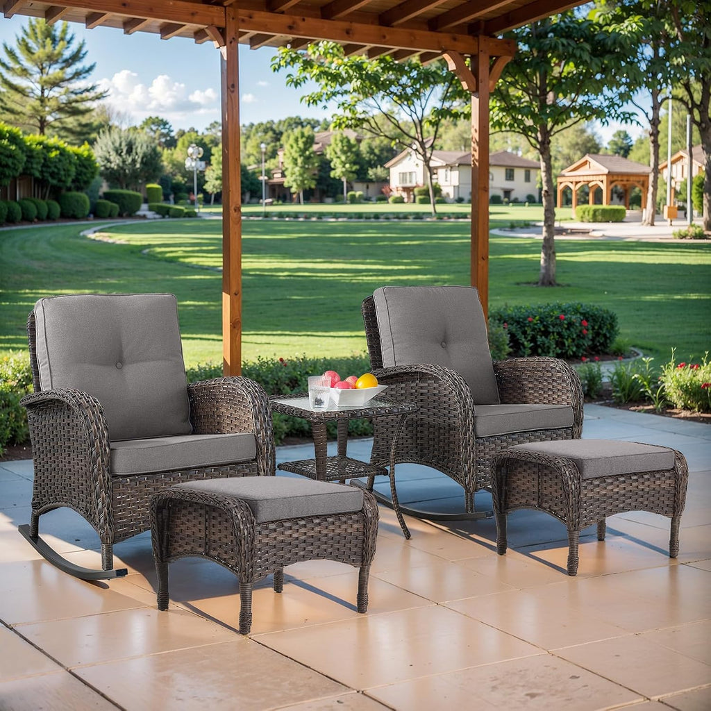 Wicker Porch Rocking Chairs - 3 Pieces Patio Bistro Set High Back Outdoor Rocker Chairs Set with Side Table for Deck