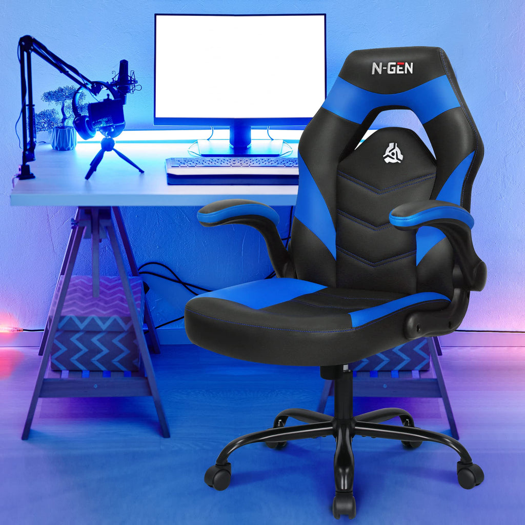 Gaming Chair, Lumbar, PU Leather, Flip-Up Arms, Classic Blue