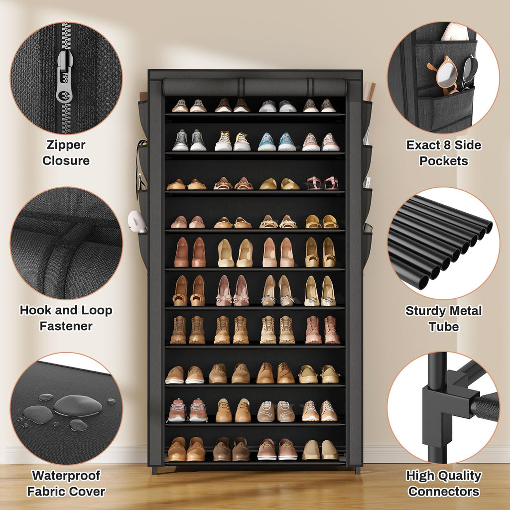 Tall Shoe Rack with Cover, 10 Tier Shoe Organizer Storage for 50-55 Pairs Shoes and Boots Large Capacity Shoe Shelf
