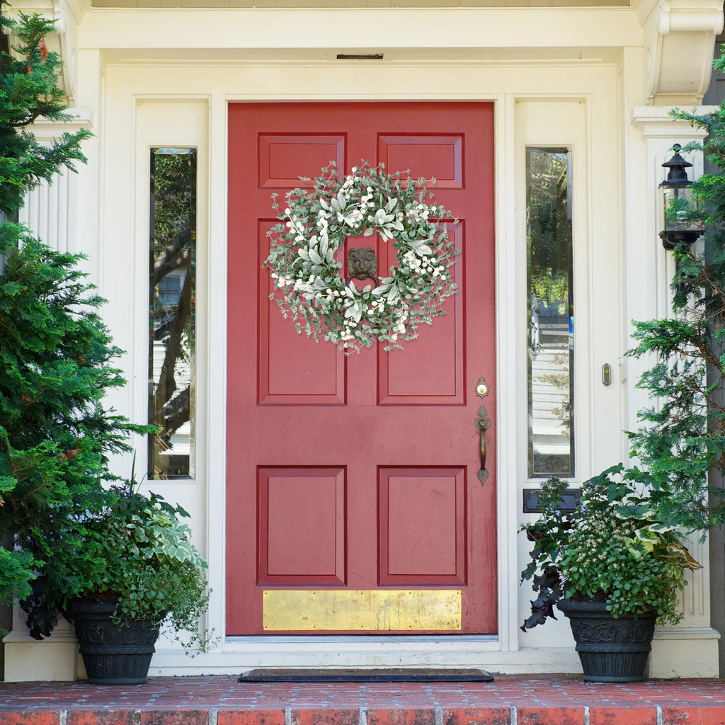 Artificial Greenery Leaves Wreath for Front Door 22 Inch Greenery Boxwood Wreath with Flocked Lambs Ear White Berries