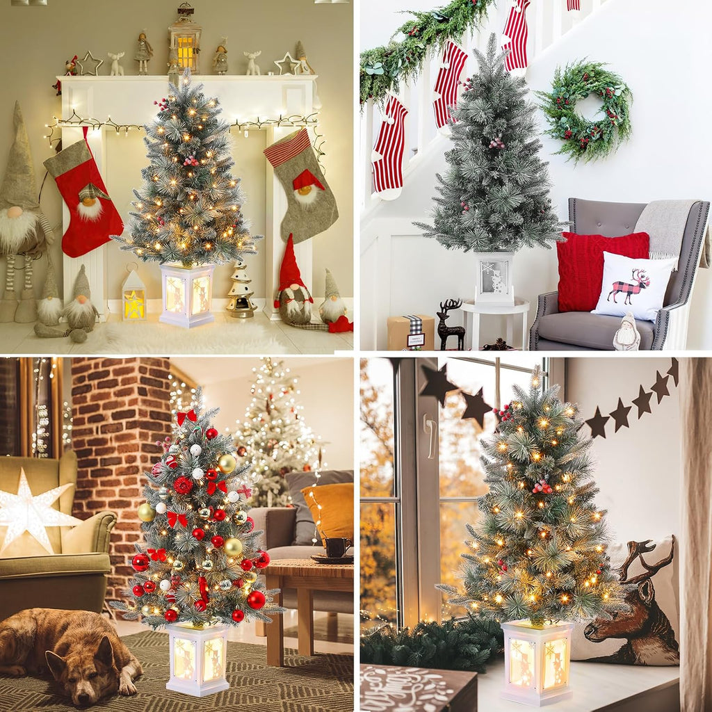 3ft Prelit Christmas Tree with 78 Warm Lights & Red Berry, Artificial Xmas Trees with Snowman Light Box Base