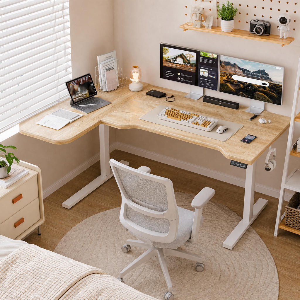 47" L Shaped Standing Desk, Electric Height Adjustable Corner Stand Up Desk with Ergonomic Curved Round Corner for
