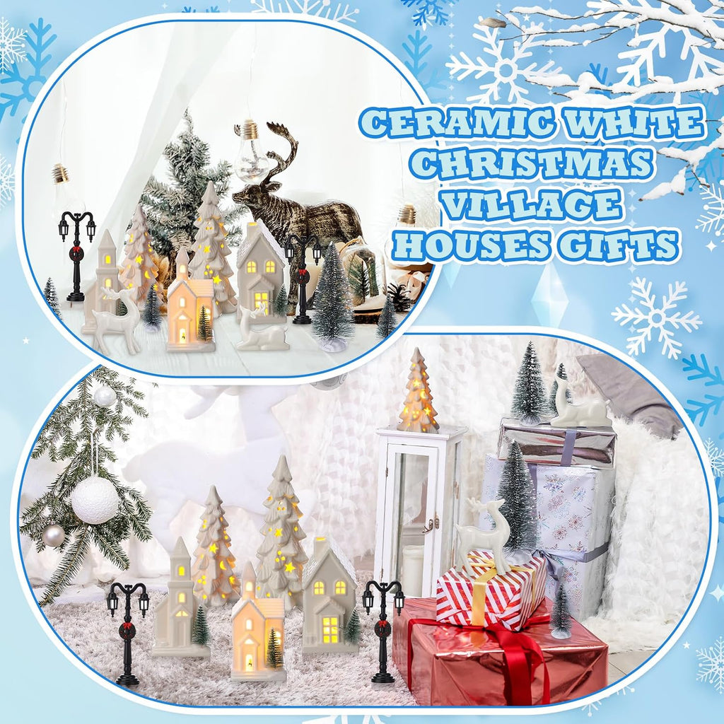 14 Pcs LED Christmas Village Houses Set Ceramic White with Trees
