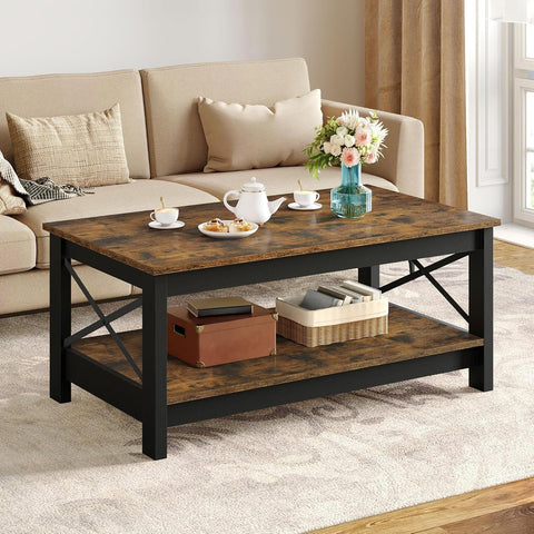 Coffee Tables, Modern Farmhouse Coffee Table with Storage, 2-Tier Center Table Wood Table Accent Cocktail with Stur...