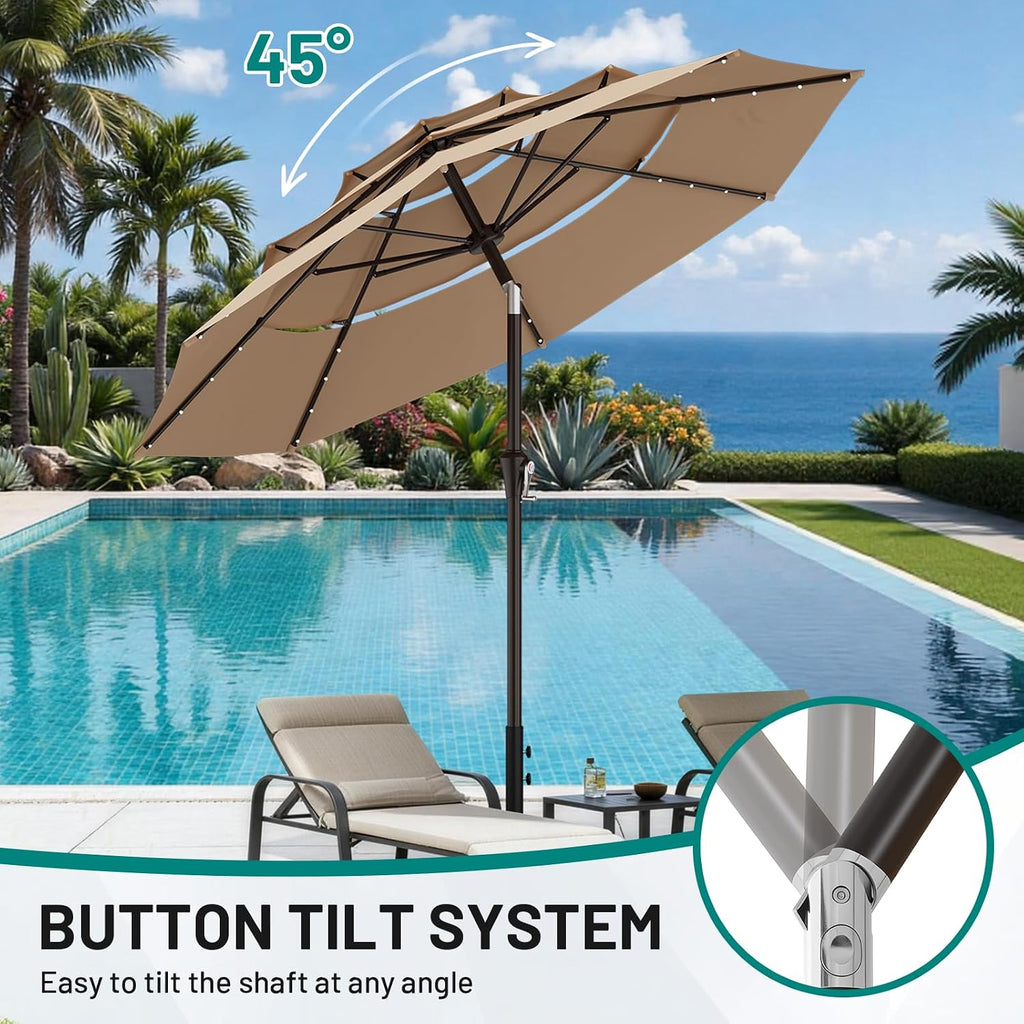9ft 3 Tiers Patio Umbrella with Solar Lights, Outdoor Umbrella w/ 32 LED Lights&8 Sturdy Ribs