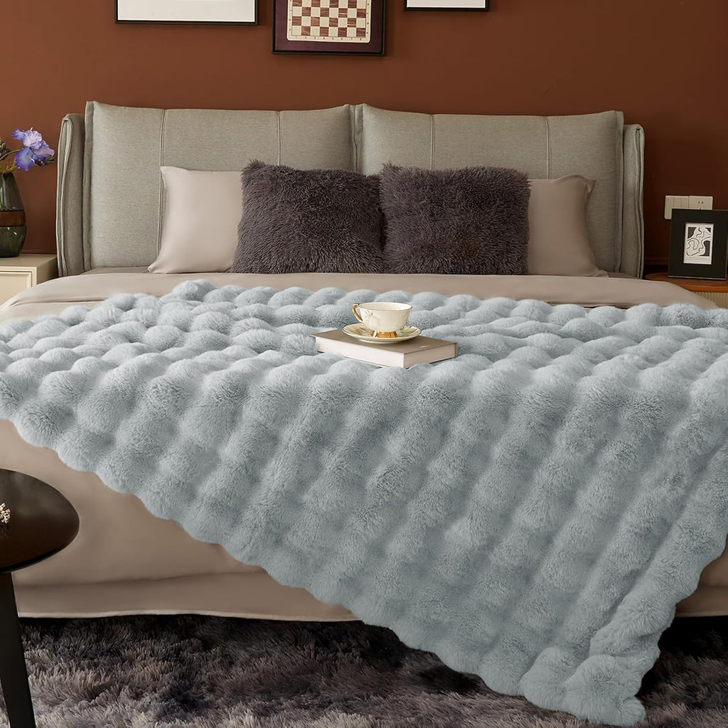 1000GSM Faux Rabbit Fur Throw Blanket, Super Heavy Warm Cozy Grey Blankets for Couch Bed Sofa, Ruched Plush Fuzzy