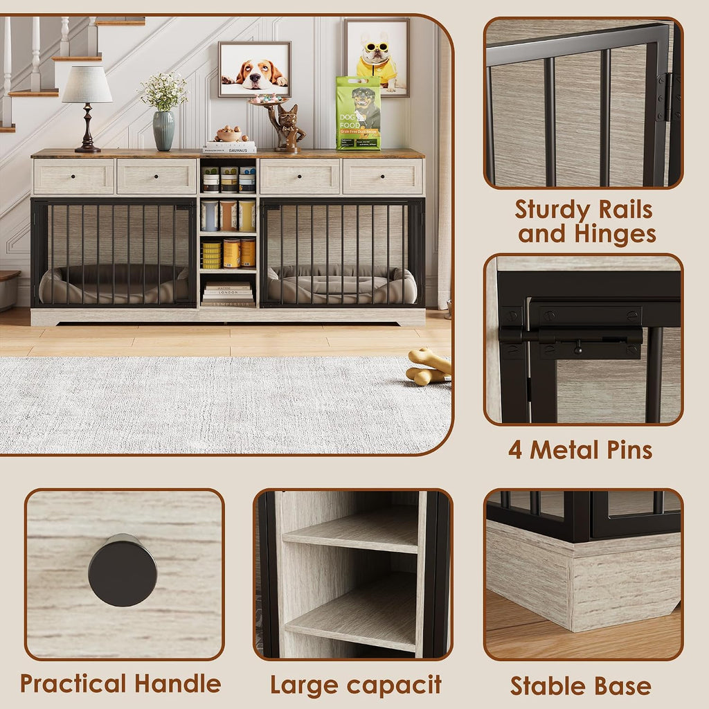 Double Dog Crate Furniture with Storage, Washed White